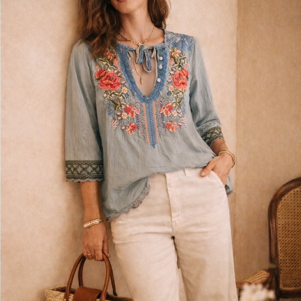 JOHNNY WAS Millie Embroidered Cotton Blouse | Size Small | Boho Chic